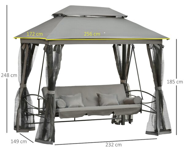 Outsunny Balansoar 3 Posti si Sezlong cu Copertina tip Foisor cu Plasa Impotriva Tantarilor si Perne, Gri Inchis 256x172x248cm
