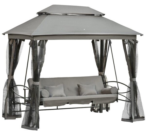 Outsunny Balansoar 3 Posti si Sezlong cu Copertina tip Foisor cu Plasa Impotriva Tantarilor si Perne, Gri Inchis 256x172x248cm