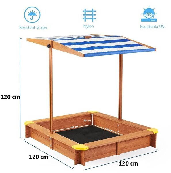 Lada de nisip pentru copii, acoperis parasolar ajustabil, rotativ la 180 grade, 120x120x20 cm, lemn