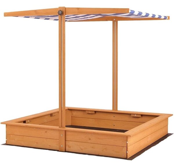 Lada de nisip pentru copii, acoperis parasolar ajustabil, rotativ la 180 grade, 120x120x20 cm, lemn