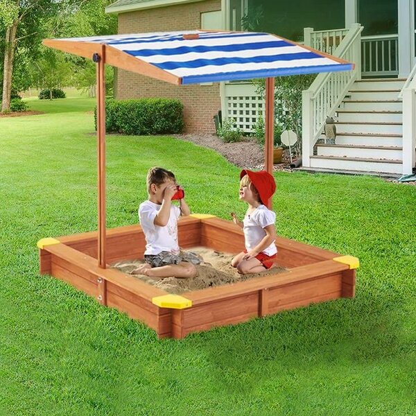 Lada de nisip pentru copii, acoperis parasolar ajustabil, rotativ la 180 grade, 120x120x20 cm, lemn