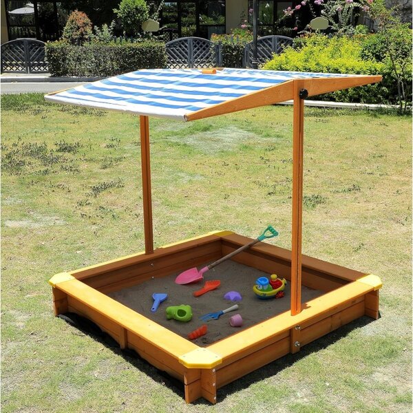 Lada de nisip pentru copii, acoperis parasolar ajustabil, rotativ la 180 grade, 120x120x20 cm, lemn