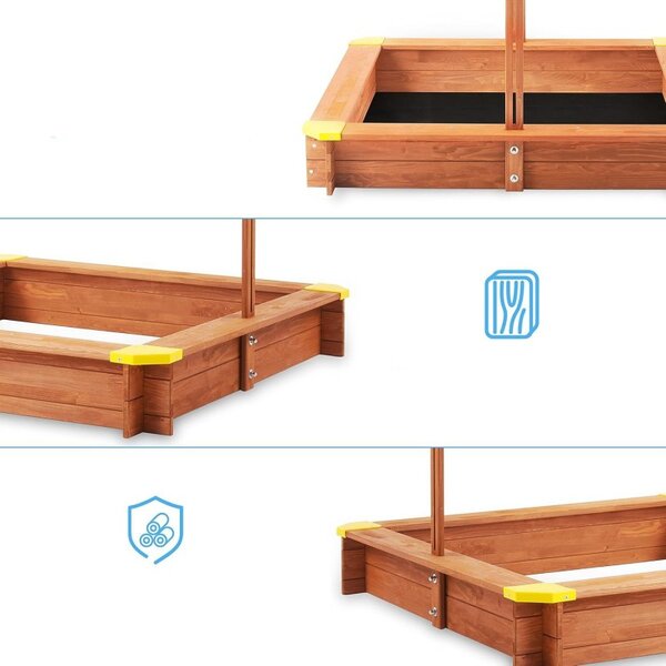 Lada de nisip pentru copii, acoperis parasolar ajustabil, rotativ la 180 grade, 120x120x20 cm, lemn