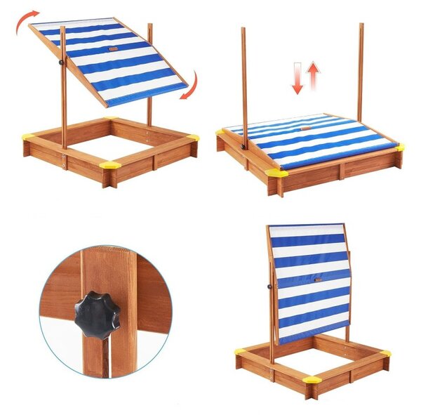 Lada de nisip pentru copii, acoperis parasolar ajustabil, rotativ la 180 grade, 120x120x20 cm, lemn