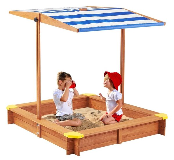 Lada de nisip pentru copii, acoperis parasolar ajustabil, rotativ la 180 grade, 120x120x20 cm, lemn