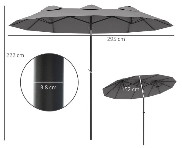 Outsunny Umbrelă de Grădină Dublă Înclinabilă la 45° cu Manivelă si 3 Orificii de Ventilație, 295x152x222 cm, Gri | Aosom Romania