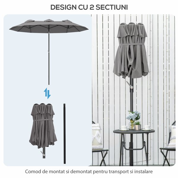 Outsunny Umbrelă de Grădină Dublă Înclinabilă la 45° cu Manivelă si 3 Orificii de Ventilație, 295x152x222 cm, Gri | Aosom Romania