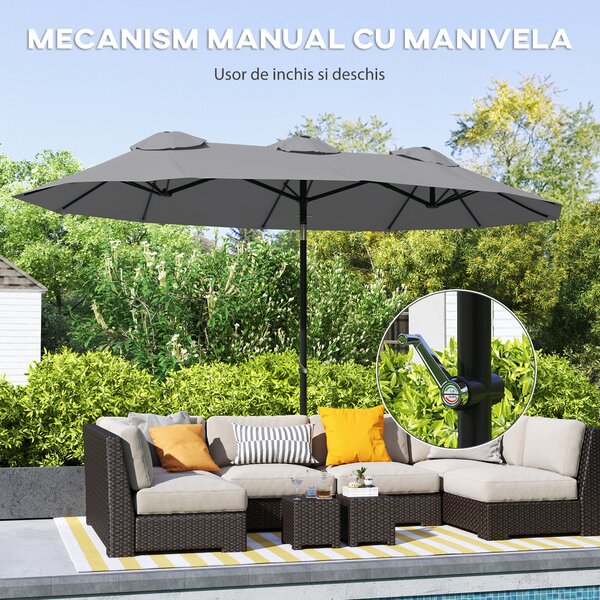 Outsunny Umbrelă de Grădină Dublă Înclinabilă la 45° cu Manivelă si 3 Orificii de Ventilație, 295x152x222 cm, Gri | Aosom Romania