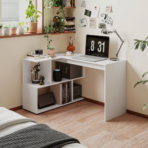 HOMCOM Birou Modern de Colț pentru Birou cu 4 Rafturi din Lemn, Alb, 120x100x77 cm | Aosom Romania