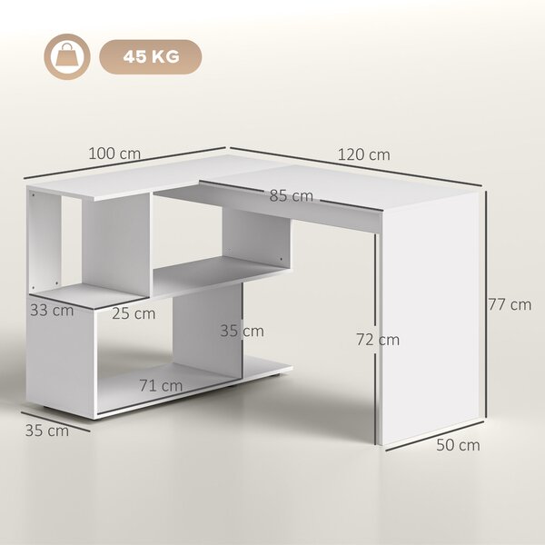 HOMCOM Birou Modern de Colț pentru Birou cu 4 Rafturi din Lemn, Alb, 120x100x77 cm | Aosom Romania