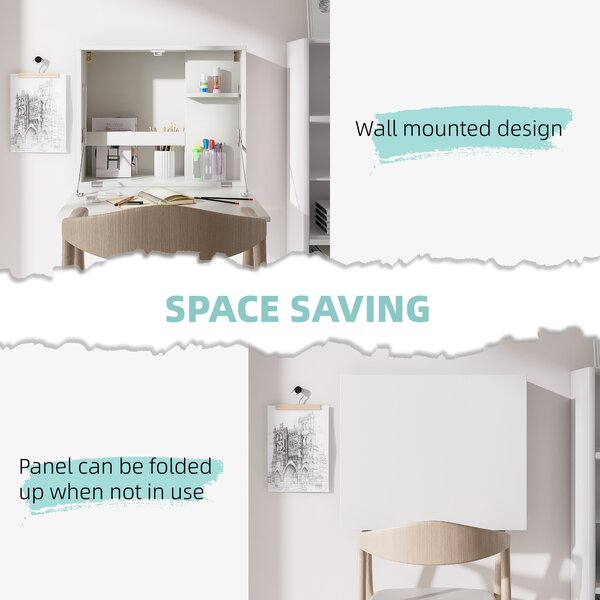HOMCOM Birou Suspendat Pliabil cu Rafturi, Ideal pentru Spații Mici, Design Modern, Alb | Aosom Romania