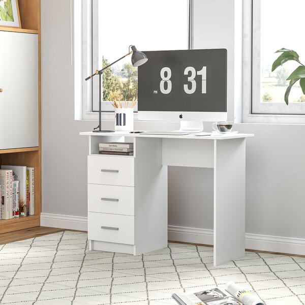 HOMCOM Birou pentru Calculator cu 3 Sertare și Spațiu de Depozitare, 100x40x75 cm, Alb | Aosom Romania