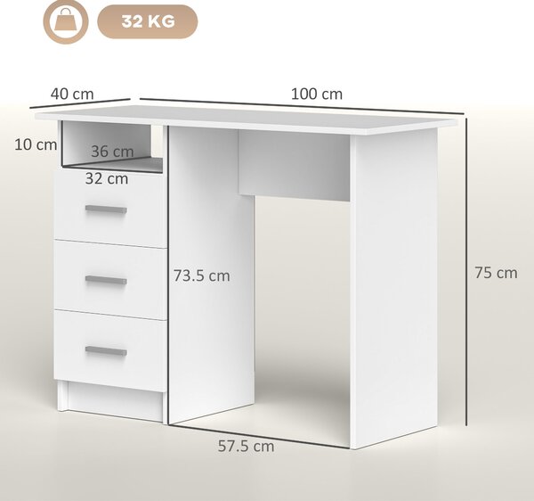 HOMCOM Birou pentru Calculator cu 3 Sertare și Spațiu de Depozitare, 100x40x75 cm, Alb | Aosom Romania