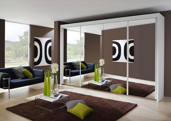 Dressing 350 cm lățime, 4 uși glisante, full oglindă, material fronturi MDF, culoare albă, organizare premium opțională, 235 cm înălțime