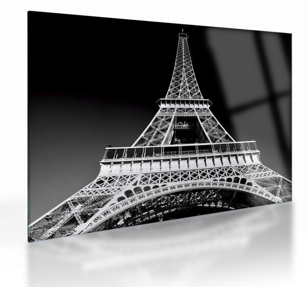 Tablou pe sticlă - Turnul Eiffel, alb-negru (70x50 cm)