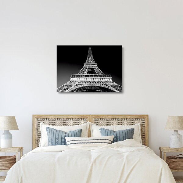 Tablou pe sticlă - Turnul Eiffel, alb-negru (70x50 cm)