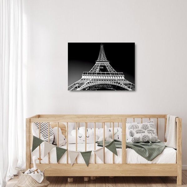 Tablou pe sticlă - Turnul Eiffel, alb-negru (70x50 cm)
