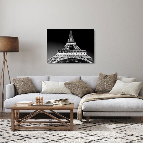 Tablou pe sticlă - Turnul Eiffel, alb-negru (70x50 cm)