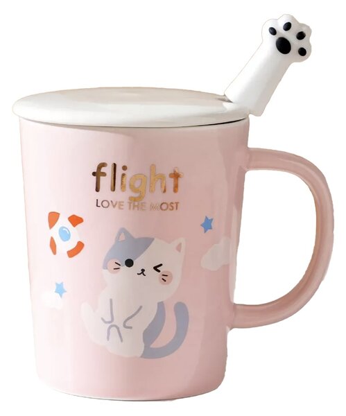 Cana cu capac din ceramica si lingurita Pufo Love Kitty pentru cafea sau ceai, 250 ml, roz