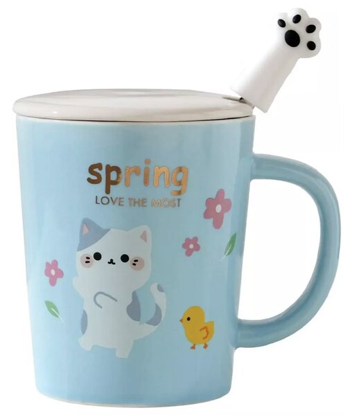 Cana cu capac din ceramica si lingurita Pufo Love Kitty pentru cafea sau ceai, 250 ml, albastru