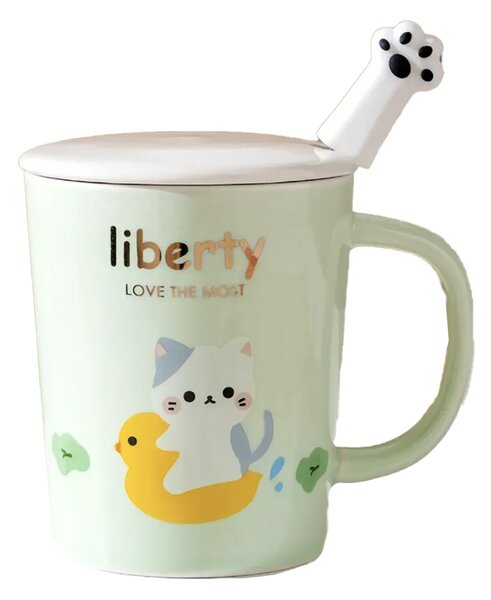 Cana cu capac din ceramica si lingurita Pufo Love Kitty pentru cafea sau ceai, 250 ml, verde