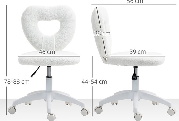 HOMCOM Scaun de Birou Tapițat cu Spătar în Formă de Inimă și Rotile, 45x56x78-88 cm, Alb | Aosom Romania