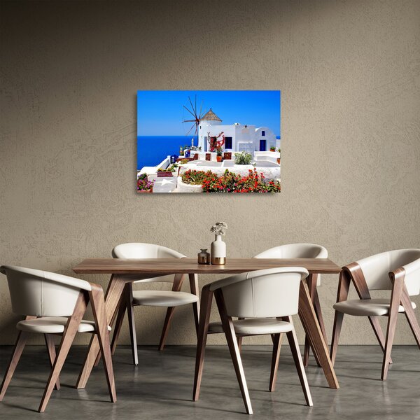 Tablou pe sticlă - Casă mică în Grecia (70x50 cm)