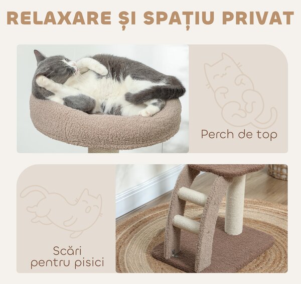 PawHut Ansamblu pentru Pisici cu 3 Niveluri, Platformă Superioară și Jucărie cu Bilă, 48x40x88 cm, Maro | Aosom Romania