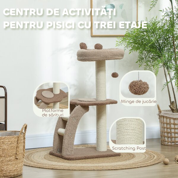 PawHut Ansamblu pentru Pisici cu 3 Niveluri, Platformă Superioară și Jucărie cu Bilă, 48x40x88 cm, Maro | Aosom Romania