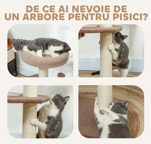 PawHut Ansamblu pentru Pisici cu 3 Niveluri, Platformă Superioară și Jucărie cu Bilă, 48x40x88 cm, Maro | Aosom Romania