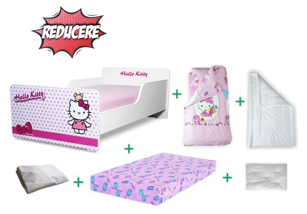 Pachet Promo Complet Pat Fata Start Hello Kitty pentru copii 2-12 ani, cu saltea, husa, lenjerie, pilota, perna - PC-PCH-CMP-PRO-STR-HKT-80