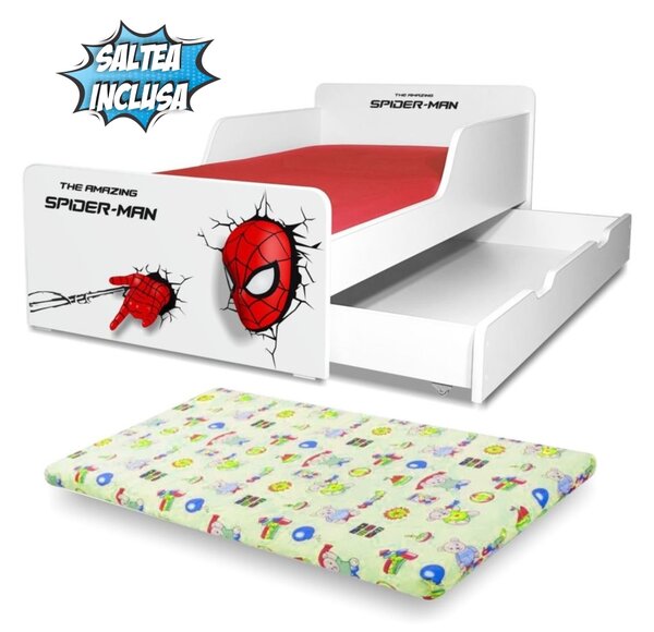 Pat copii Spiderman 2-12 ani cu sertar si saltea inclusa
