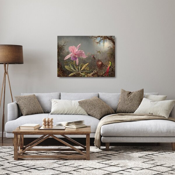 Tablou pe sticlă - Martin Johnson Heade, Cattleya Orchid and Three Hummingbirds, reproducere (70x50 cm)