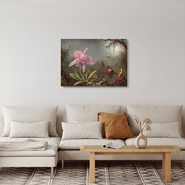 Tablou pe sticlă - Martin Johnson Heade, Cattleya Orchid and Three Hummingbirds, reproducere (70x50 cm)