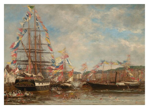 Tablou pe sticlă - Eugène Boudin, Festival in the Harbor of Honfleur, reproducere (70x50 cm)