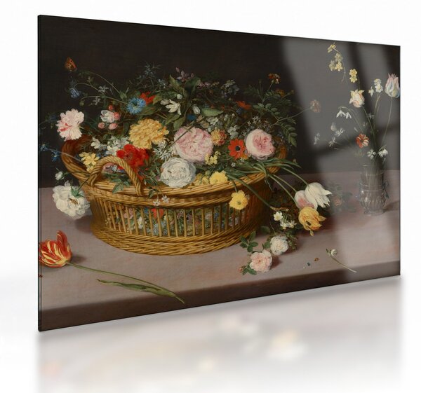 Tablou pe sticlă - Jan Brueghel the Elder, Flowers in a Basket and a Vase, reproducere (70x50 cm)