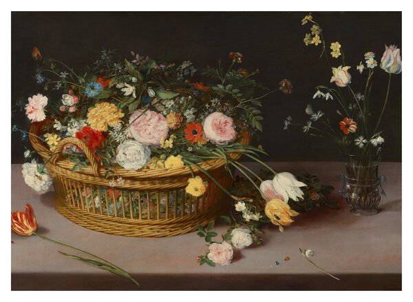 Tablou pe sticlă - Jan Brueghel the Elder, Flowers in a Basket and a Vase, reproducere (70x50 cm)