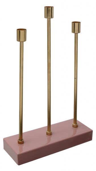 Suport lumanare din fier cu 3 brate Art Deco, roz / auriu