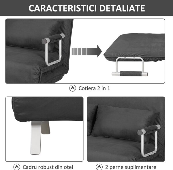 HOMCOM Canapea Extensibilă cu Șezut Reglabil în 5 Poziții și Perne Detașabile, Canapea din Imitație de Piele, 105x80x78 cm, Gri | Aosom Romania