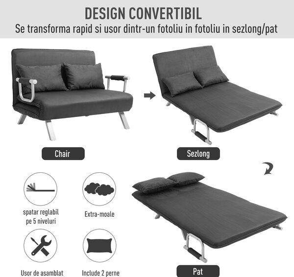 HOMCOM Canapea Extensibilă cu Șezut Reglabil în 5 Poziții și Perne Detașabile, Canapea din Imitație de Piele, 105x80x78 cm, Gri | Aosom Romania