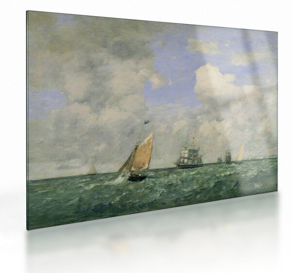 Tablou pe sticlă - Eugène Boudin, Ships and Sailing Boats Leaving Le Havre, reproducere (70x50 cm)