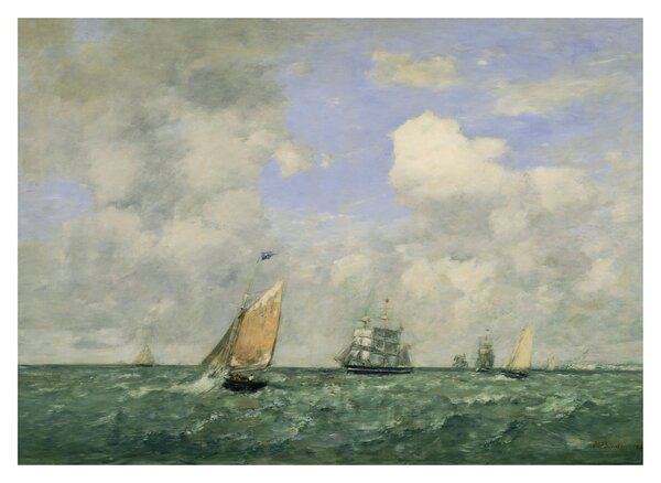 Tablou pe sticlă - Eugène Boudin, Ships and Sailing Boats Leaving Le Havre, reproducere (70x50 cm)