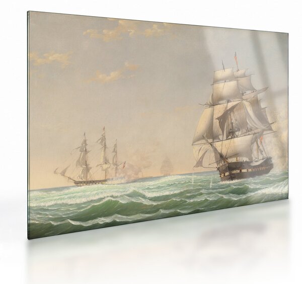 Tablou pe sticlă - Fitz Henry Lane, The United States Frigate President Engaging the British Squadron, reproducere (70x50 cm)