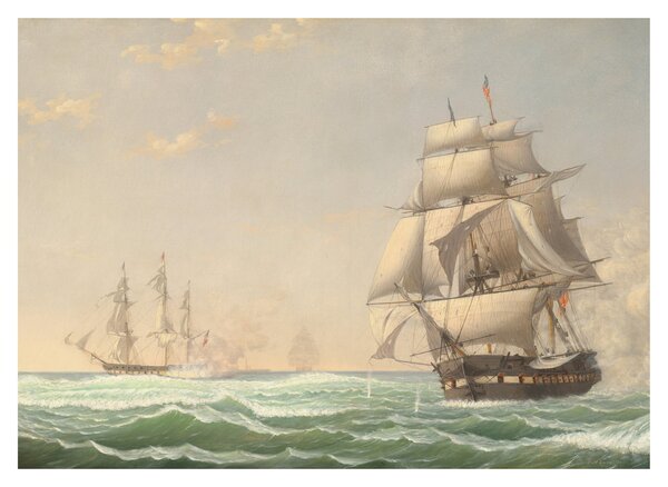 Tablou pe sticlă - Fitz Henry Lane, The United States Frigate President Engaging the British Squadron, reproducere (70x50 cm)