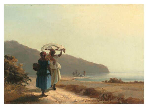 Tablou pe sticlă - Camille Pissarro, Two Women Chatting by the Sea, St. Thomas, reproducere (70x50 cm)
