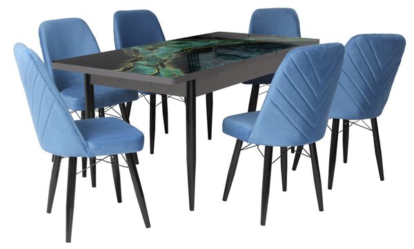 Set masă extensibilă Crystal cu 6 scaune Ludovic Albastru Deschis