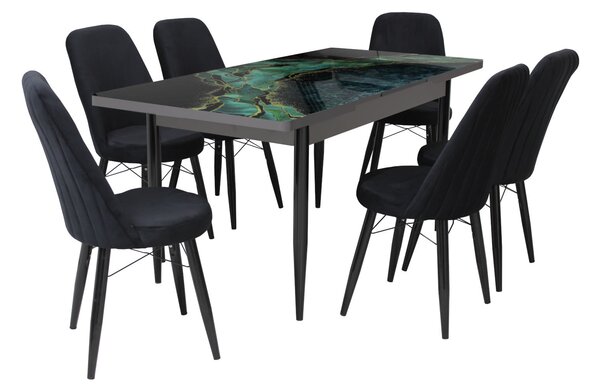 Set masă extensibilă Crystal cu 6 scaune Minerva Negru