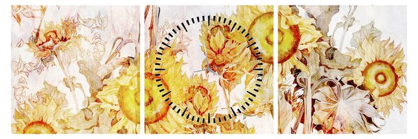 Tablou - Floarea-soarelui,pictură (cu ceas) (90x30 cm)