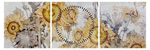 Tablou - Floarea-soarelui pe perete (cu ceas) (90x30 cm)