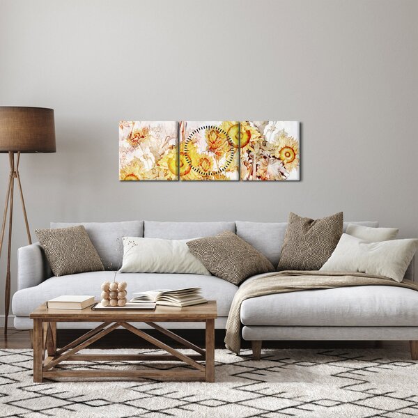 Tablou - Floarea-soarelui,pictură (cu ceas) (90x30 cm)